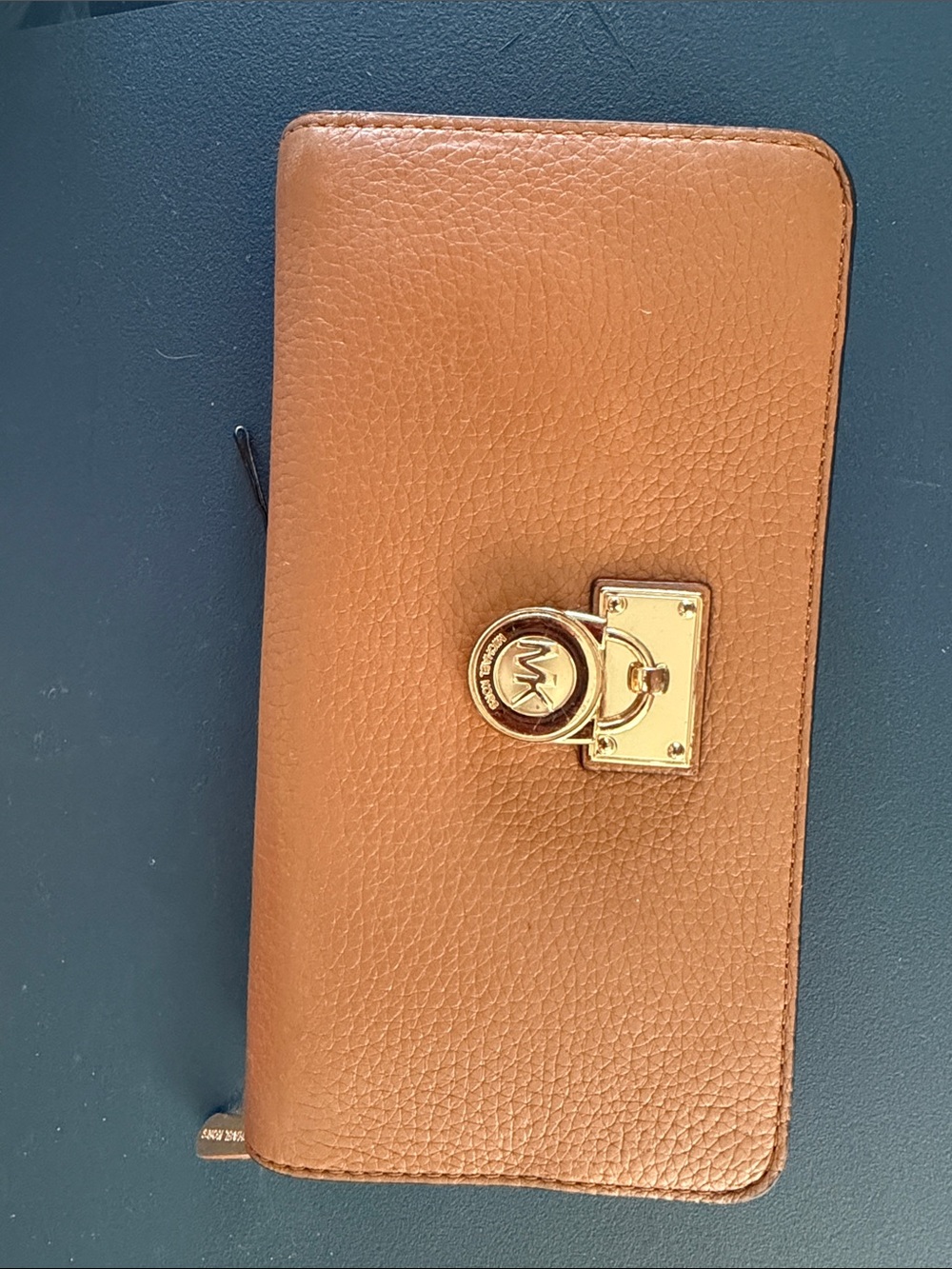 Michael Kors Tan Pebbled Leather Zip Wallet with Gold MK Emblem